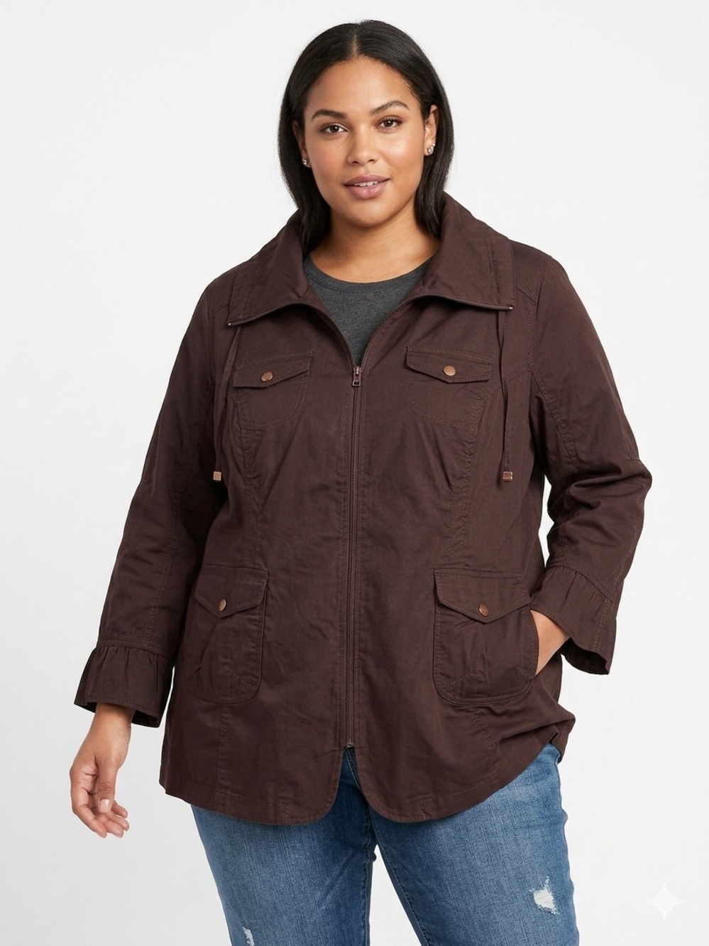 Plus Size Chocolate Brown Ruffle Cuff Utility Jacket 5X - 575